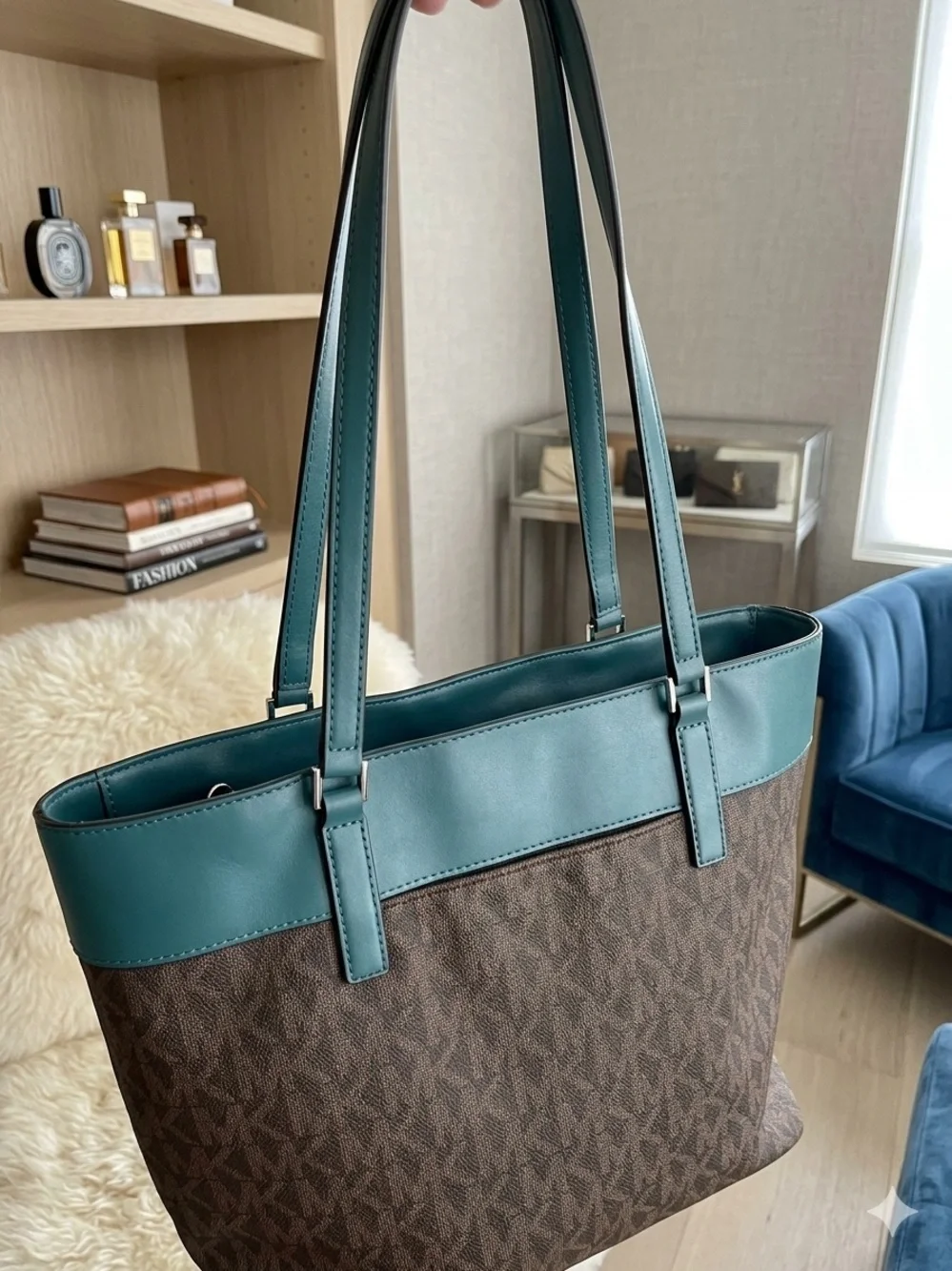 Michael Kors Eva Large Signature Logo tote Bag ! Leather, teal and brown *EUC